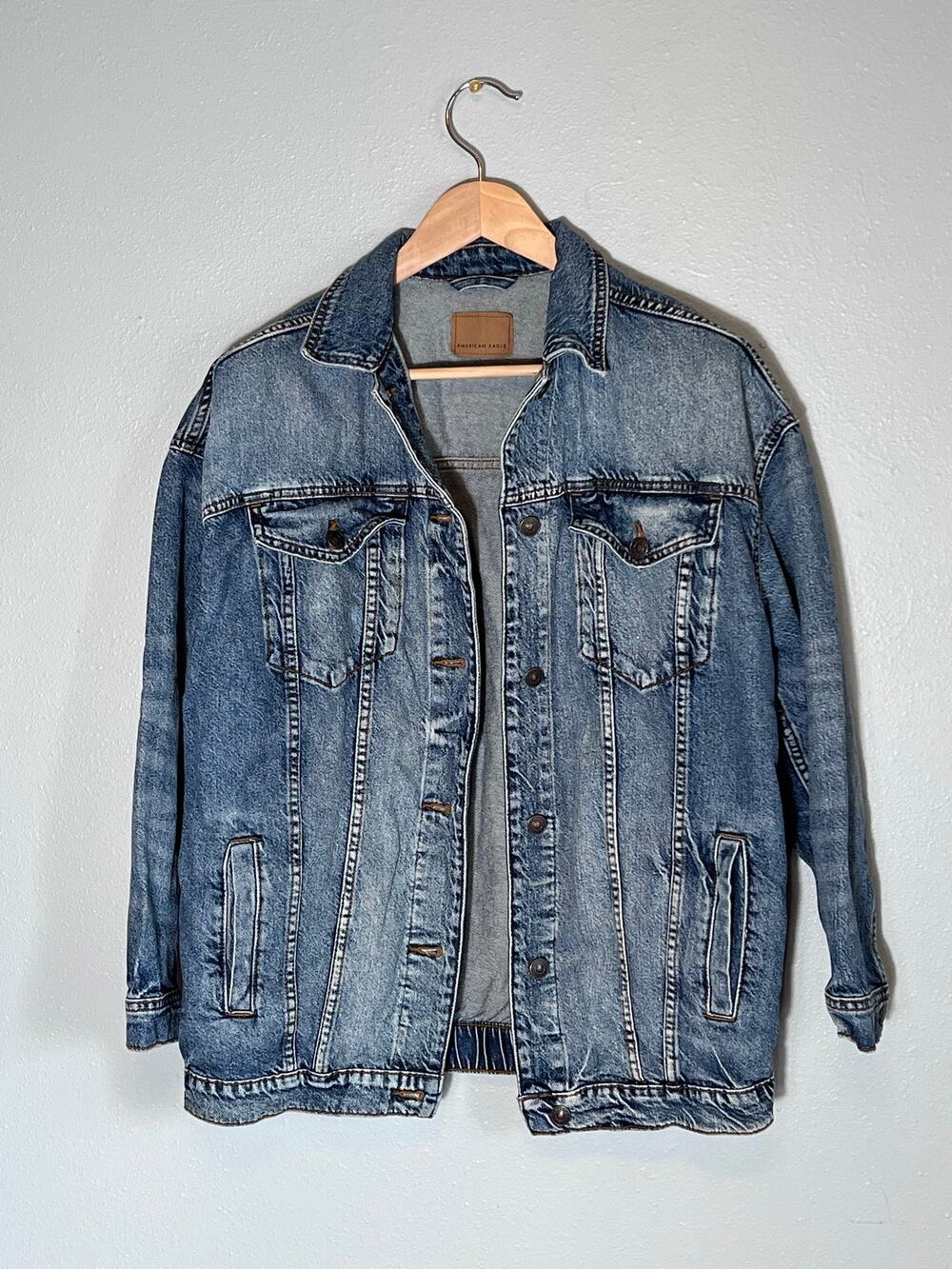 American Eagle Sz S Mens Faded Denim Jean Jacket Oversized Slouchy Elastic Waist